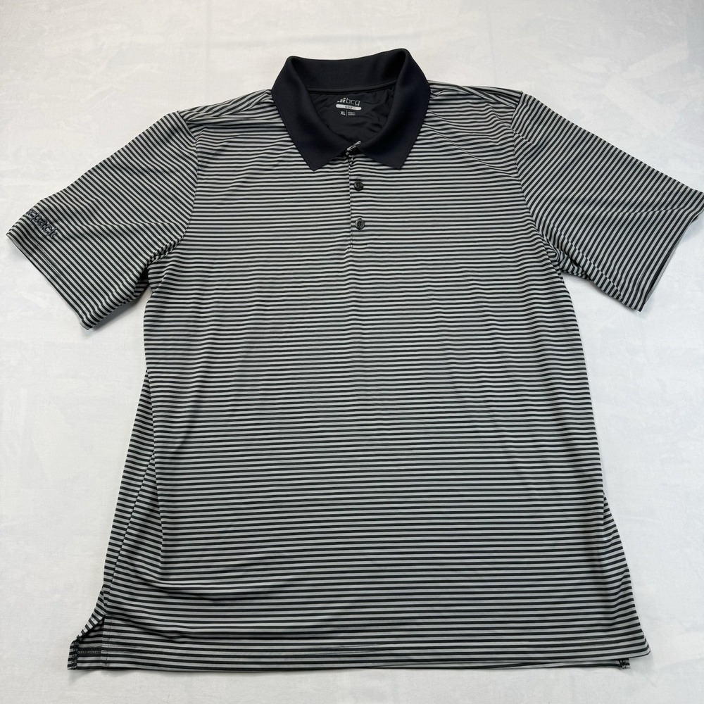 BCG Golf Polo Shirt Men XL Black Gray Striped Embroidered Majorpack Logo Popover
